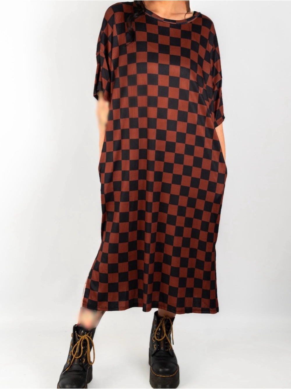 Relaxed Checkered Midi Dress in Brown & Black
